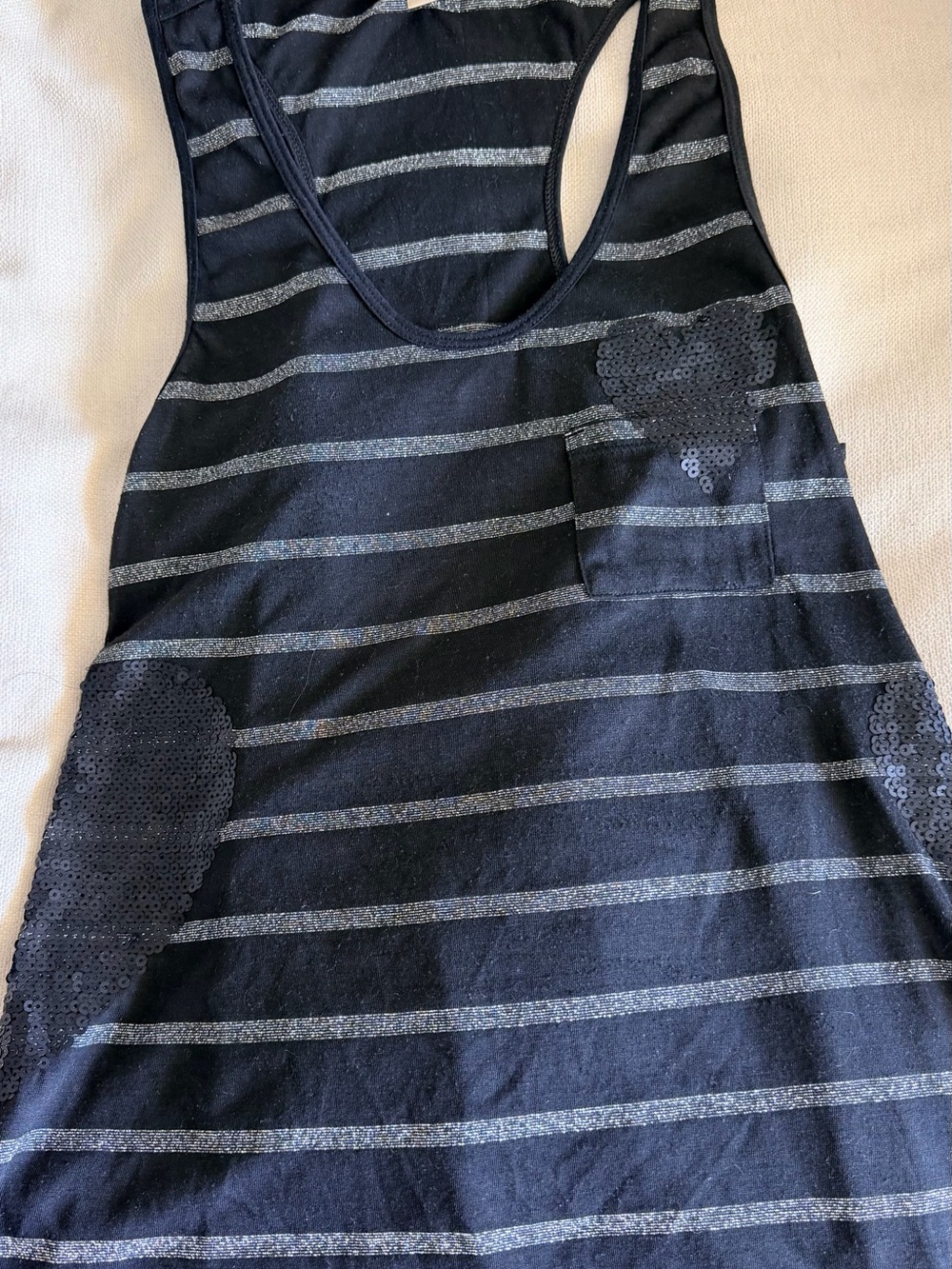 Women's Black Striped Muscle Tee with Sequin Accents